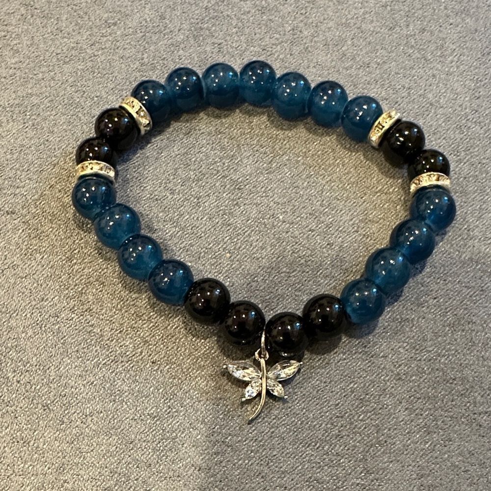 Handmade glass beaded Bracelet with Silver Accents dragonfly charm